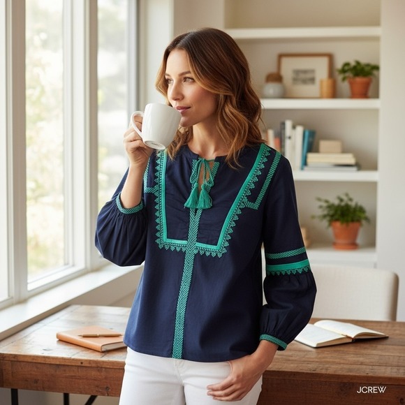 J. Crew Tops - J Crew Blouse Womens 2 Navy Blue Green Embroidered Peasant Boho Top‎ Tassel Trim